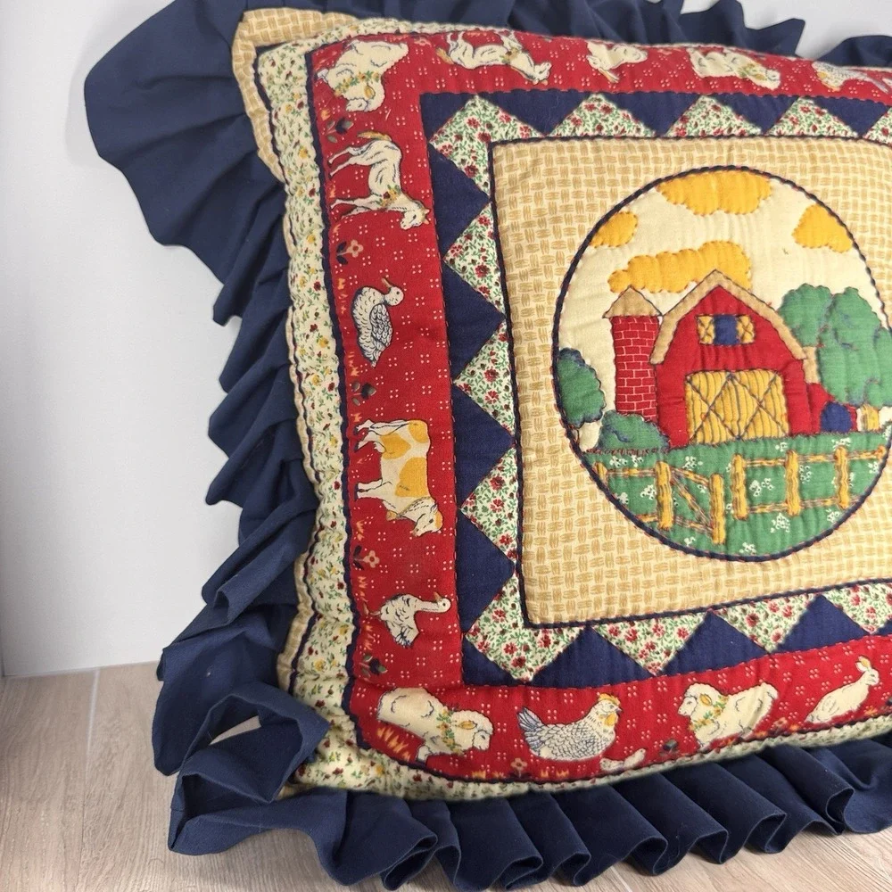 Farmhouse Barn Throw‎ Pillow Quilted Ruffle Edge Country Decor Red Blue